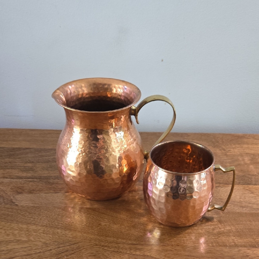 Hammered Copper Pitcher and Mug Set